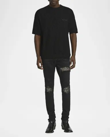 AMIRI Men's Studded Rip and Repair Black Denim Skinny Jeans | Thumbnail 2