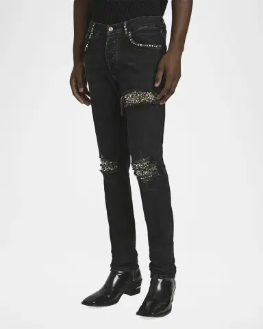 AMIRI Men's Studded Rip and Repair Black Denim Skinny Jeans | Thumbnail 4