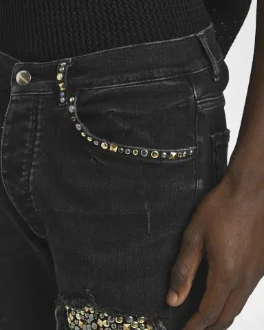 AMIRI Men's Studded Rip and Repair Black Denim Skinny Jeans | Thumbnail 5