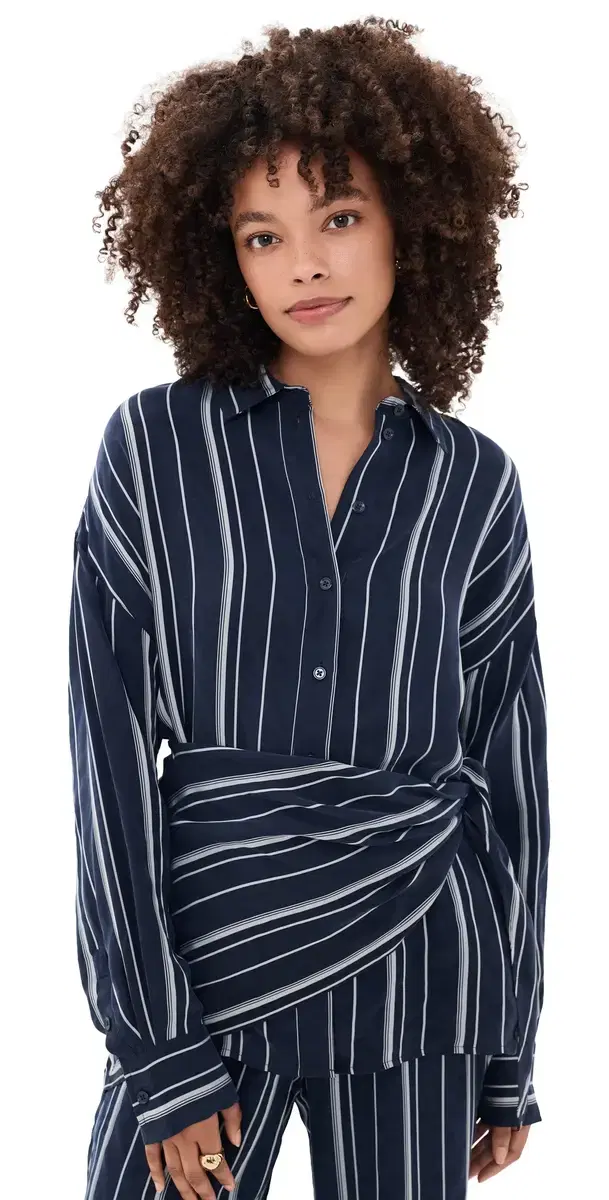 Favorite Daughter The Positano Button Down Shirt Midnight Grey Stripe