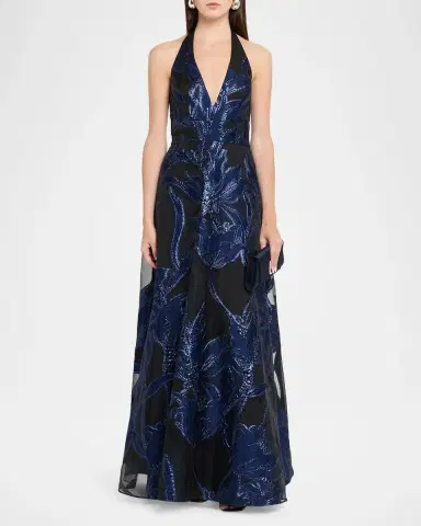 Aidan Mattox Plunging Metallic Organza Jacquard Gown | Thumbnail 2 Aidan Mattox Plunging Metallic Organza Jacquard Gown | Thumbnail 2