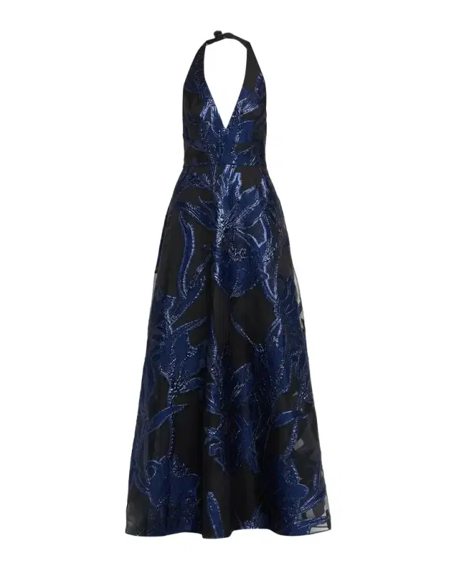 Aidan Mattox Plunging Metallic Organza Jacquard Gown