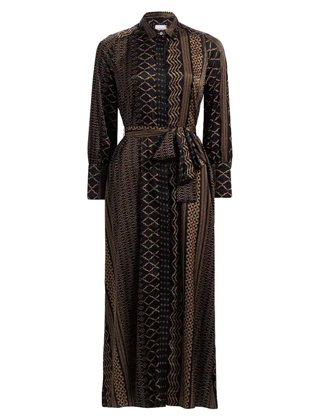 Misa Los Angeles Women's Herminia Geometric Tie-Waist Midi-Shirtdress - Noir Geometry - Size XL
