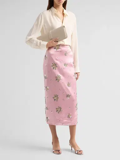 Milly Women's Raylen Floral Sequin-Embellished Satin Midi Skirt - Light Pink | Thumbnail 2 Milly Women's Raylen Floral Sequin-Embellished Satin Midi Skirt - Light Pink | Thumbnail 2