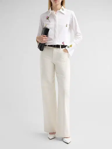 Oscar de la Renta Women's Botanical Embroidered Stretch Cotton Twill Blouse | Thumbnail 2 Oscar de la Renta Women's Botanical Embroidered Stretch Cotton Twill Blouse | Thumbnail 2