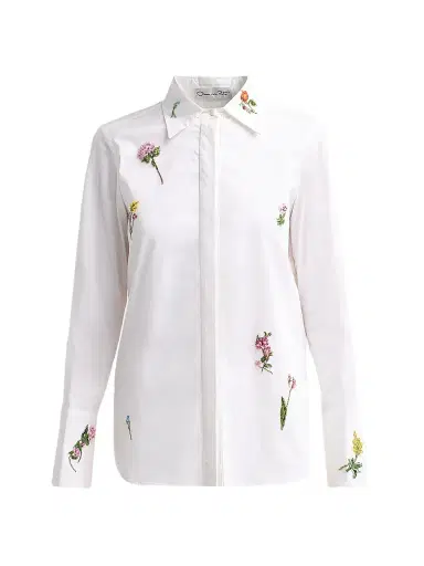 Oscar de la Renta Women's Botanical Embroidered Stretch Cotton Twill Blouse | Thumbnail 1 Oscar de la Renta Women's Botanical Embroidered Stretch Cotton Twill Blouse | Thumbnail 1