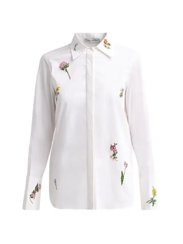 Oscar de la Renta Women's Botanical Embroidered Stretch Cotton Twill Blouse - White