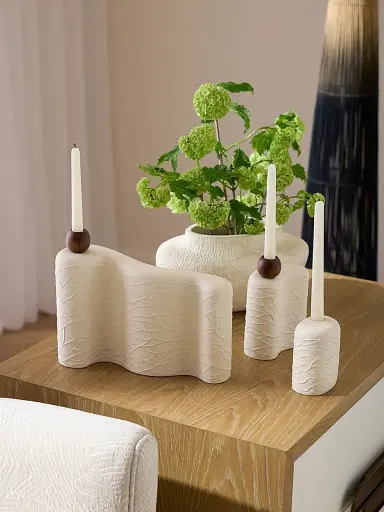 Arteriors Hesner 3-Piece Nesting Porcelain & Walnut Candleholders - White | Thumbnail 2