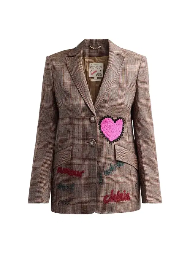 MAISON COMMON Women's Embroiderd Glen Check Wool Blazer - Beige - Size 16