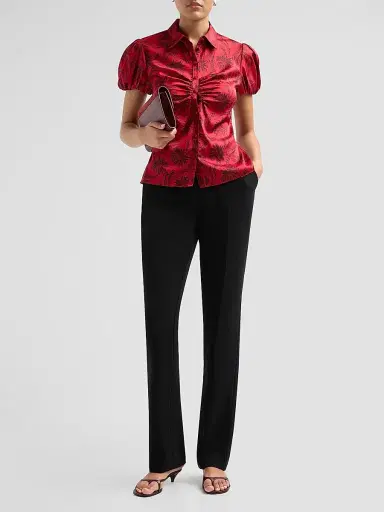 Cinq à Sept Women's Solange Paisley Fan Satin Top - Warm Cranberry Black | Thumbnail 2