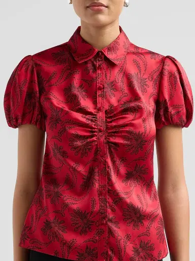 Cinq à Sept Women's Solange Paisley Fan Satin Top - Warm Cranberry Black | Thumbnail 5