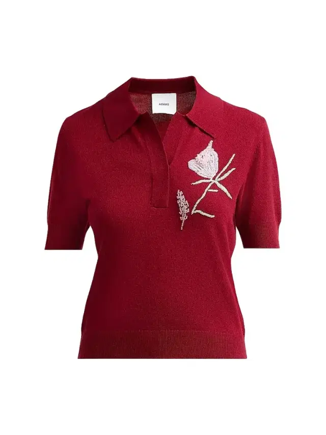 AKNVAS Women's Ailey Embroidered Wool-Cashmere Polo Sweater - Burgundy