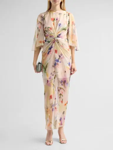 PRABAL GURUNG Women's Flutter-Sleeve Twist-Front Maxi Dress - Off White Multi | Thumbnail 2
