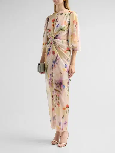 PRABAL GURUNG Women's Flutter-Sleeve Twist-Front Maxi Dress - Off White Multi | Thumbnail 4
