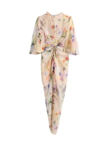 PRABAL GURUNG Women's Flutter-Sleeve Twist-Front Maxi Dress - Off White Multi | Thumbnail 1