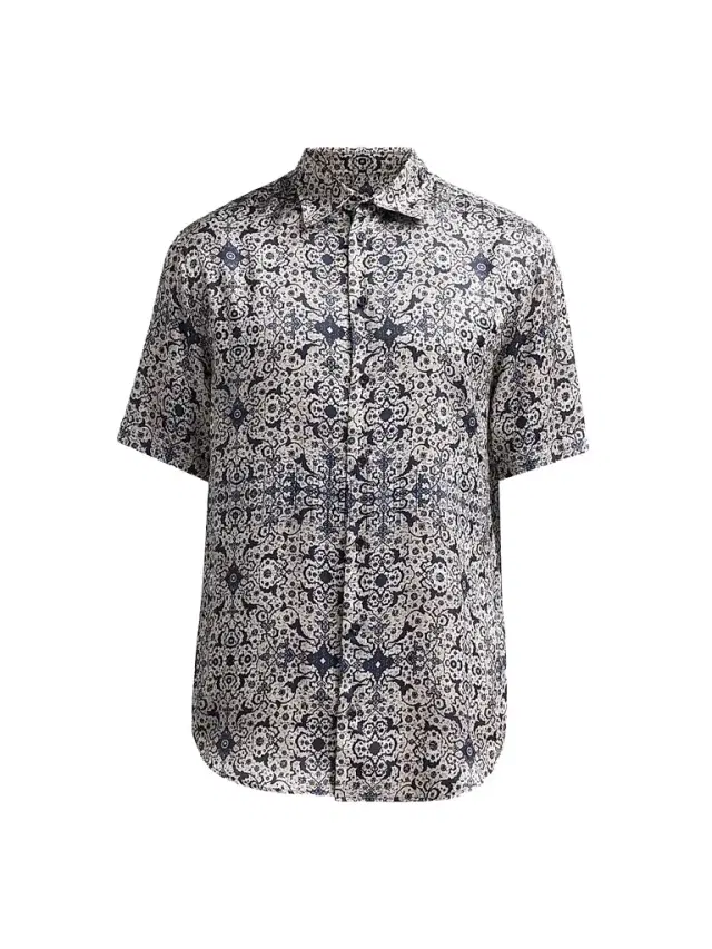 Emporio Armani Men's Abstract Floral Short-Sleeve Sport Shirt - Blue Arabesque - Size XXL