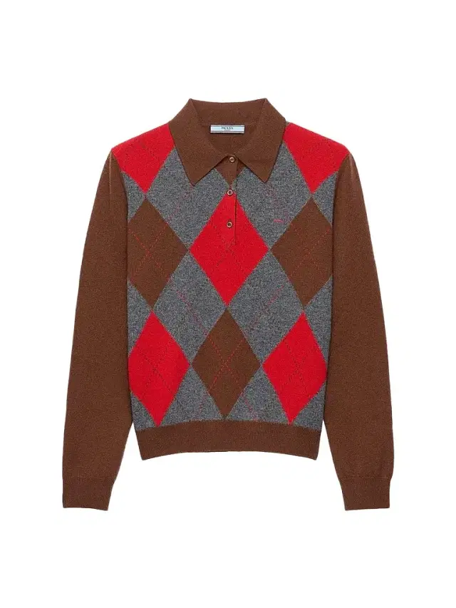 Prada Women's Argyle Cashmere Polo Sweater - Brown
