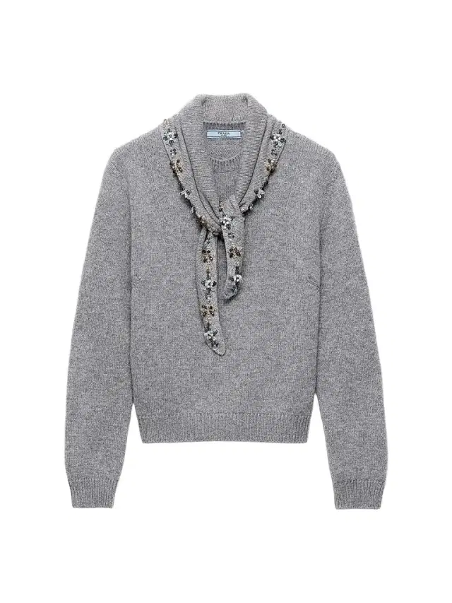 Prada Women's Cashmere Crew-Neck Sweater with Scarf - Grey