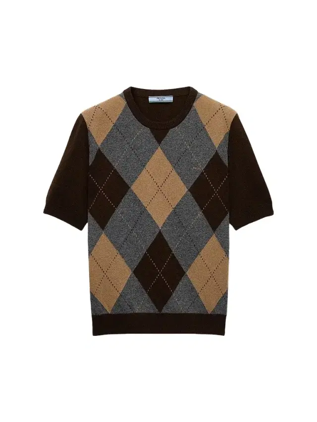 Prada Women's Short-Sleeved Argyle Cashmere Sweater - Brown