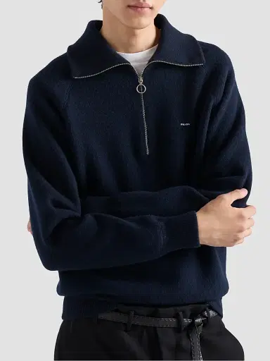 Prada Men's Wool and Cashmere Polo Sweater - Blue | Thumbnail 4