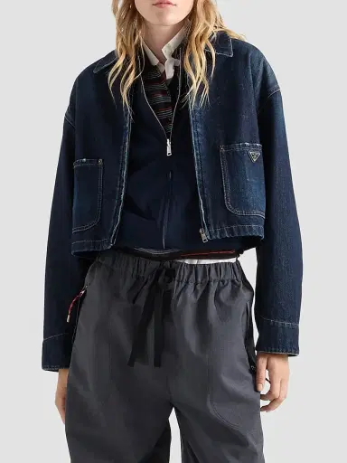 Prada Women's Cropped Denim Blouson Jacket - Blue | Thumbnail 3