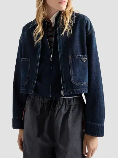 Prada Women's Cropped Denim Blouson Jacket - Blue | Thumbnail 5