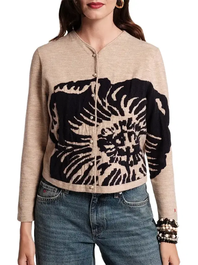 Frances Valentine Women's Darling Floral Merino Wool Cardigan - Camel Navy - Size 20
