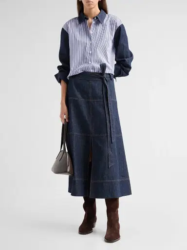 TANYA TAYLOR Women's Largaux Denim & Striped Shirting Top - Blue Optic White | Thumbnail 2