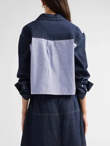 TANYA TAYLOR Women's Largaux Denim & Striped Shirting Top - Blue Optic White | Thumbnail 3