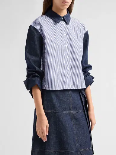 TANYA TAYLOR Women's Largaux Denim & Striped Shirting Top - Blue Optic White | Thumbnail 4