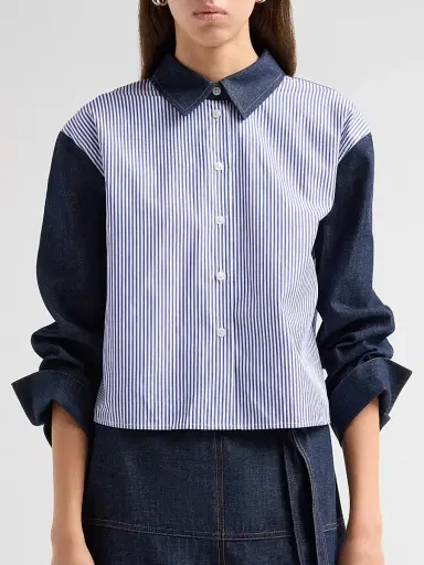 TANYA TAYLOR Women's Largaux Denim & Striped Shirting Top - Blue Optic White | Thumbnail 5