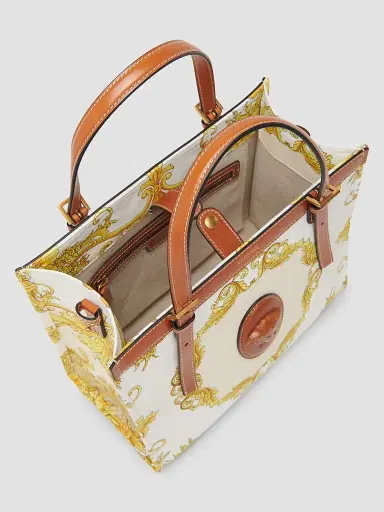 Versace Women's Rivière Small Printed Cotton Canvas Book Tote Bag - Leather Multicolor Gold | Thumbnail 2 Versace Women's Rivière Small Printed Cotton Canvas Book Tote Bag - Leather Multicolor Gold | Thumbnail 2
