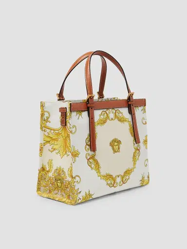 Versace Women's Rivière Small Printed Cotton Canvas Book Tote Bag - Leather Multicolor Gold | Thumbnail 4 Versace Women's Rivière Small Printed Cotton Canvas Book Tote Bag - Leather Multicolor Gold | Thumbnail 4
