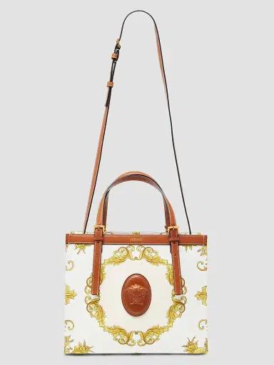 Versace Women's Rivière Small Printed Cotton Canvas Book Tote Bag - Leather Multicolor Gold | Thumbnail 5 Versace Women's Rivière Small Printed Cotton Canvas Book Tote Bag - Leather Multicolor Gold | Thumbnail 5