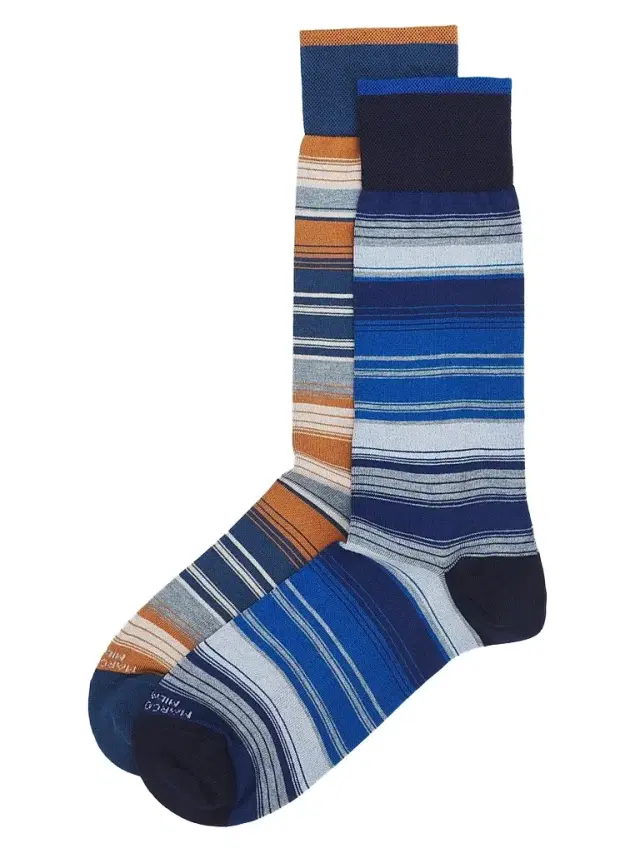 Marcoliani Men's Shaded Stripes Cotton-Nylon Socks 2-Pack - Blue Beige