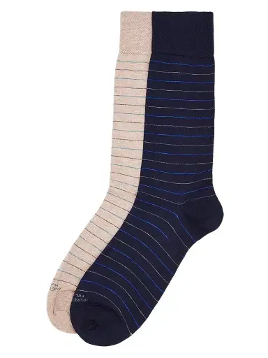 Marcoliani Men's 2-Pack City Stripe Pima Cotton Mid-Calf Socks - Navy Beige | Thumbnail 1