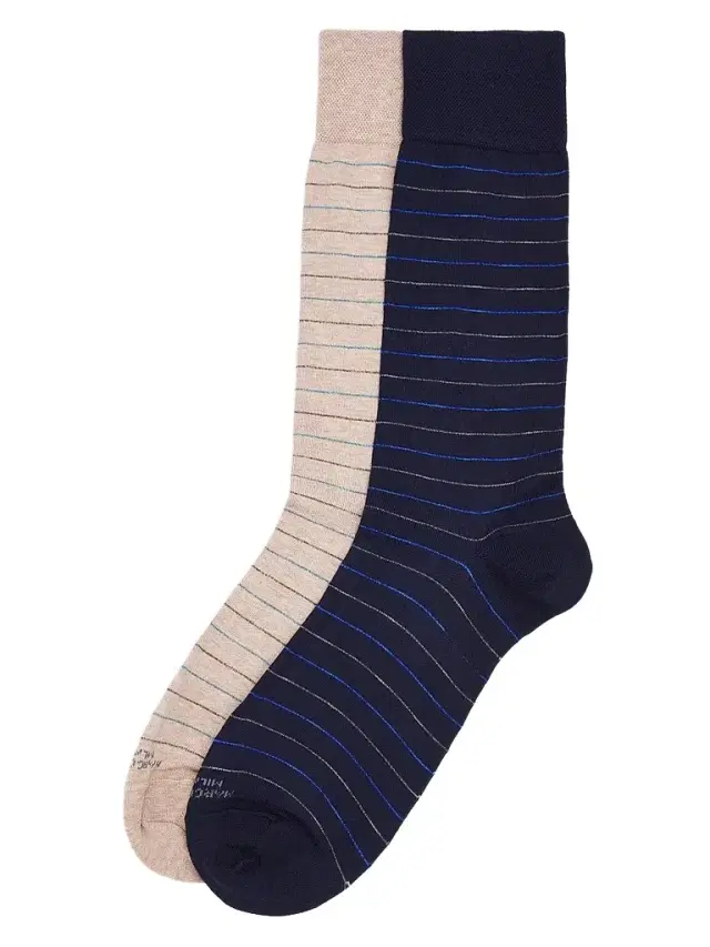 Marcoliani Men's 2-Pack City Stripe Pima Cotton Mid-Calf Socks - Navy Beige