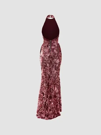 Zhivago Women's No More Songs Sequined Halter Column Gown - Mauve - Size 14 | Thumbnail 5