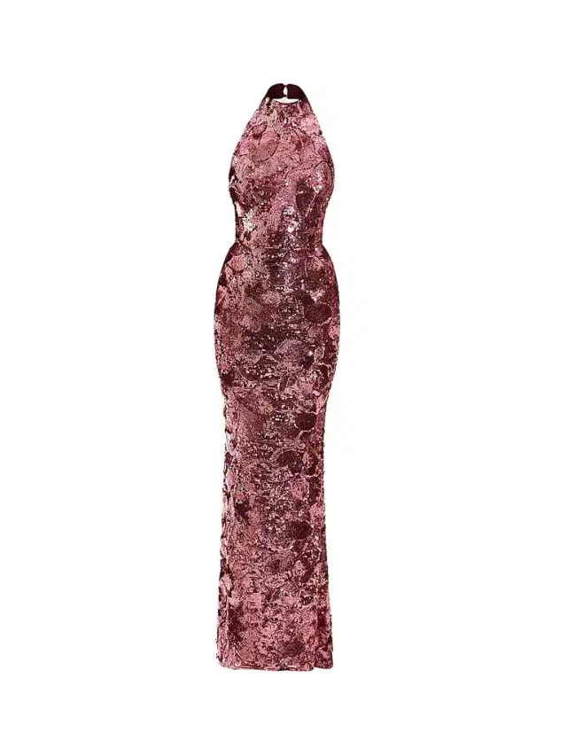 Zhivago Women's No More Songs Sequined Halter Column Gown - Mauve - Size 14
