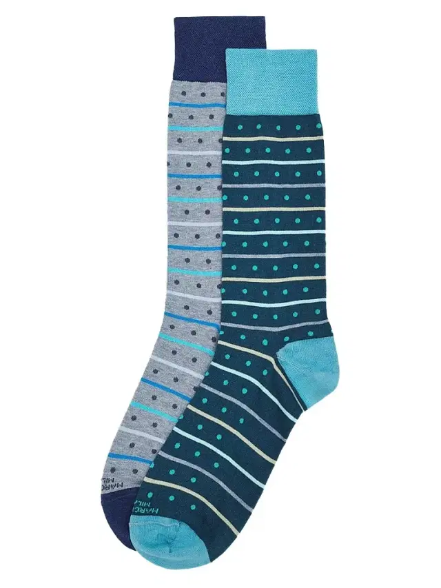 Marcoliani Men's Stripe Dots Cotton-Nylon Socks 2-Pack - Light Blue Petrol