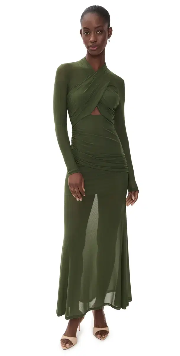 Bardot Veria Wrap Mesh Maxi Dress Khaki