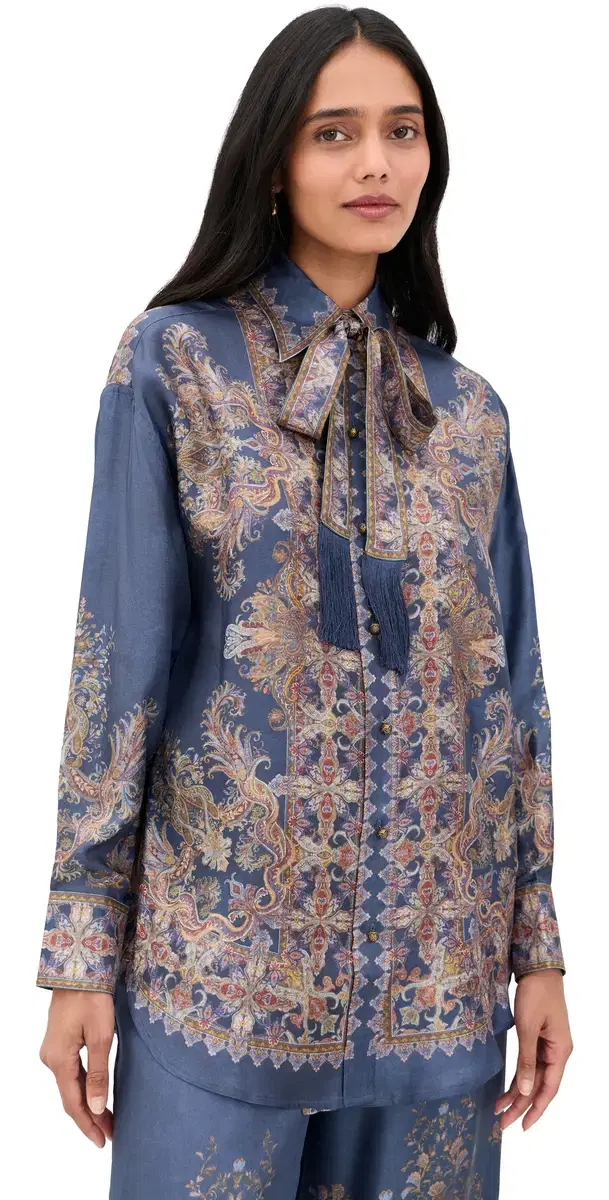 Zimmermann Valiant Relaxed Silk Button Down Shirt Navy Paisley
