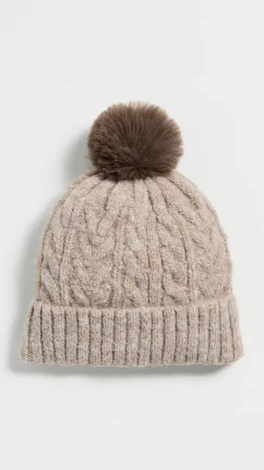 Hat Attack Alpine Cable Beanie With Pom Taupe One Size | Thumbnail 2