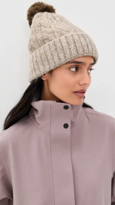 Hat Attack Alpine Cable Beanie With Pom Taupe One Size | Thumbnail 3