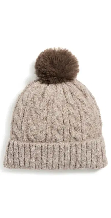 Hat Attack Alpine Cable Beanie With Pom Taupe One Size | Thumbnail 1
