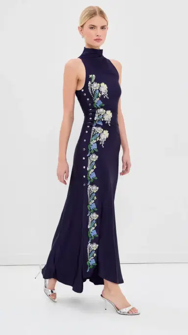 rabanne Embroidered Draped Jersey Long Dress Sailor Blue | Thumbnail 2 rabanne Embroidered Draped Jersey Long Dress Sailor Blue | Thumbnail 2