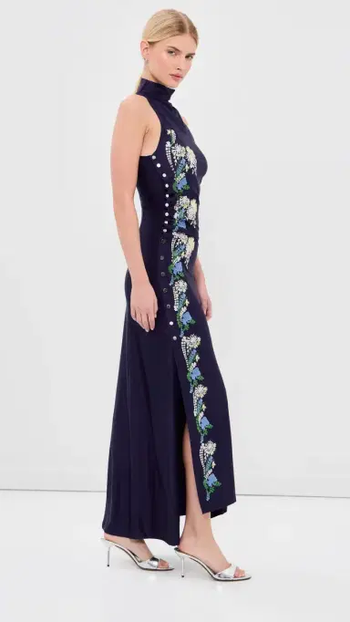 rabanne Embroidered Draped Jersey Long Dress Sailor Blue | Thumbnail 4 rabanne Embroidered Draped Jersey Long Dress Sailor Blue | Thumbnail 4
