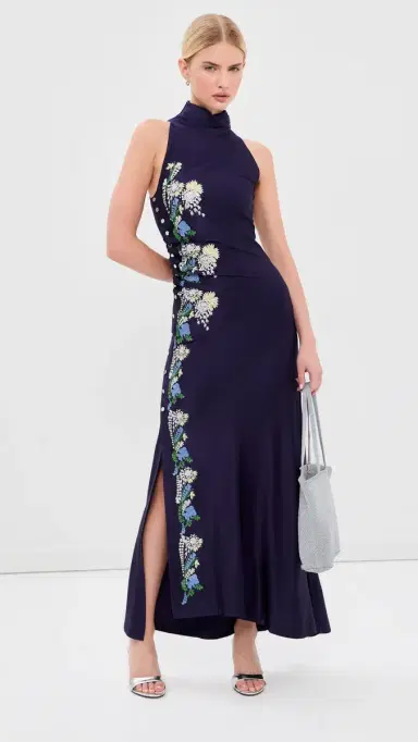 rabanne Embroidered Draped Jersey Long Dress Sailor Blue | Thumbnail 5 rabanne Embroidered Draped Jersey Long Dress Sailor Blue | Thumbnail 5