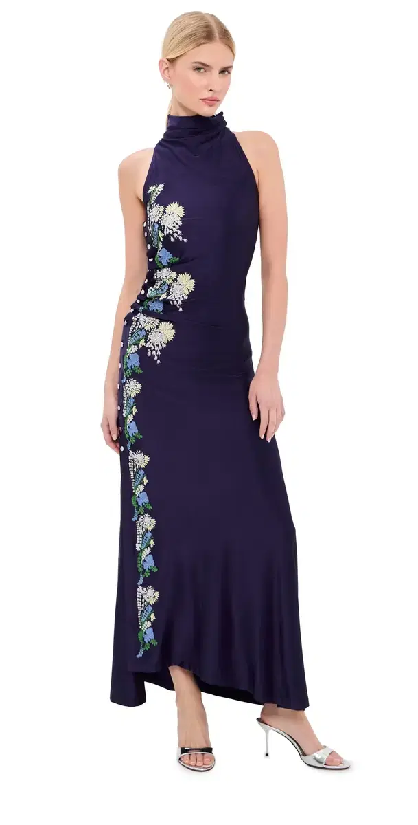 rabanne Embroidered Draped Jersey Long Dress Sailor Blue