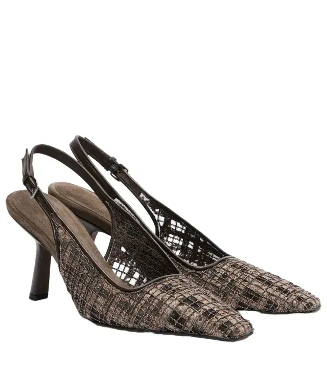 Brunello Cucinelli Beaded checked leather-trimmed slingback pumps
